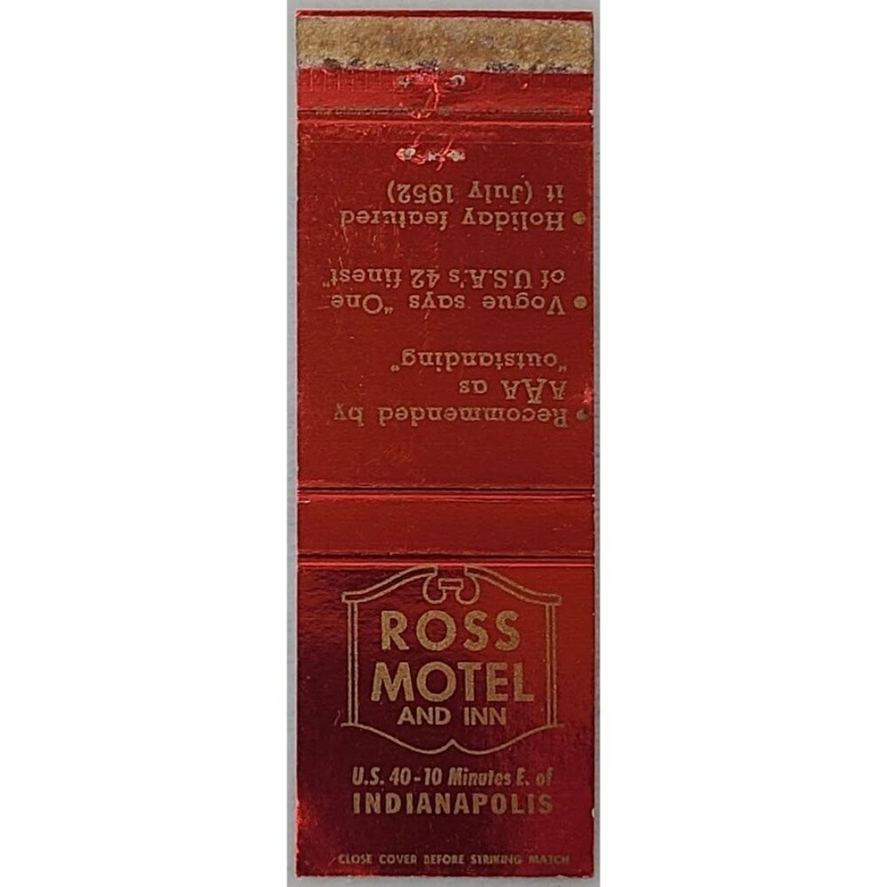 Ross Motel and Inn Indianapolis Indiana 1952 Red Foil Front Strike Matchbook